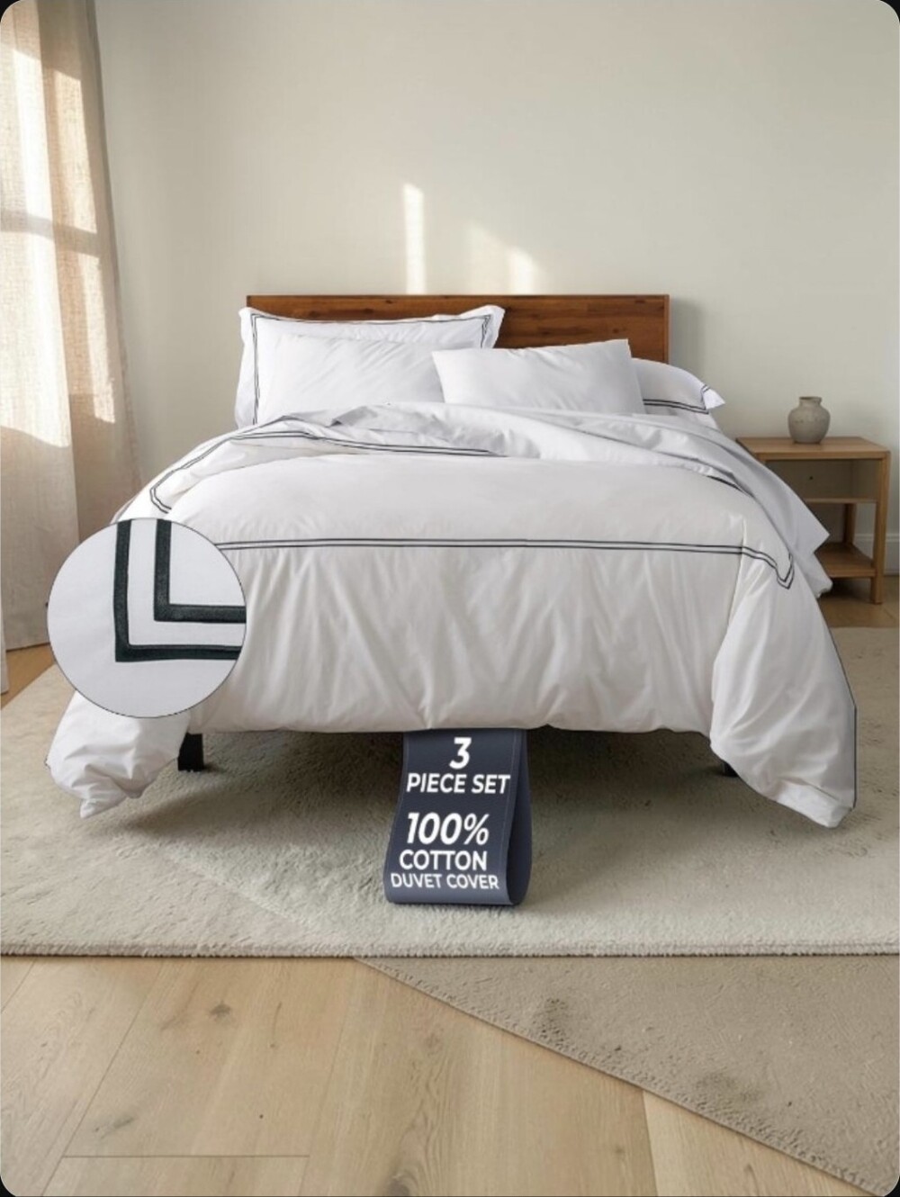 Ella Jayne Duvet Cover (3 Pcs), 100% Cotton Percale, Full/Queen, White/Black